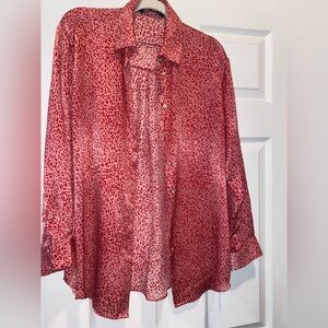 Zara Pink Red Animal-Print Satin Button-Down Shirt